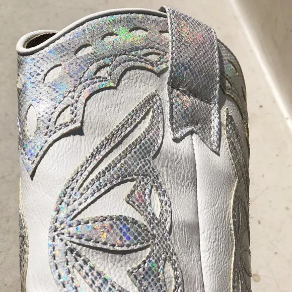 White Iridescent Metallic Applique Pointy Toe Block Heel Cowgirl Western Boots - Picture 8 of 15